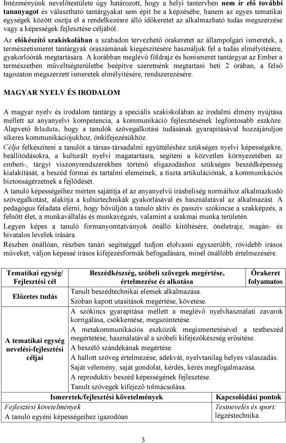 Az előkészítő szakiskolában a szabadon tervezhető órakeretet az állampolgári ismeretek, a természetismeret tantárgyak óraszámának kiegészítésére használjuk fel a tudás elmélyítésére, gyakorlóórák