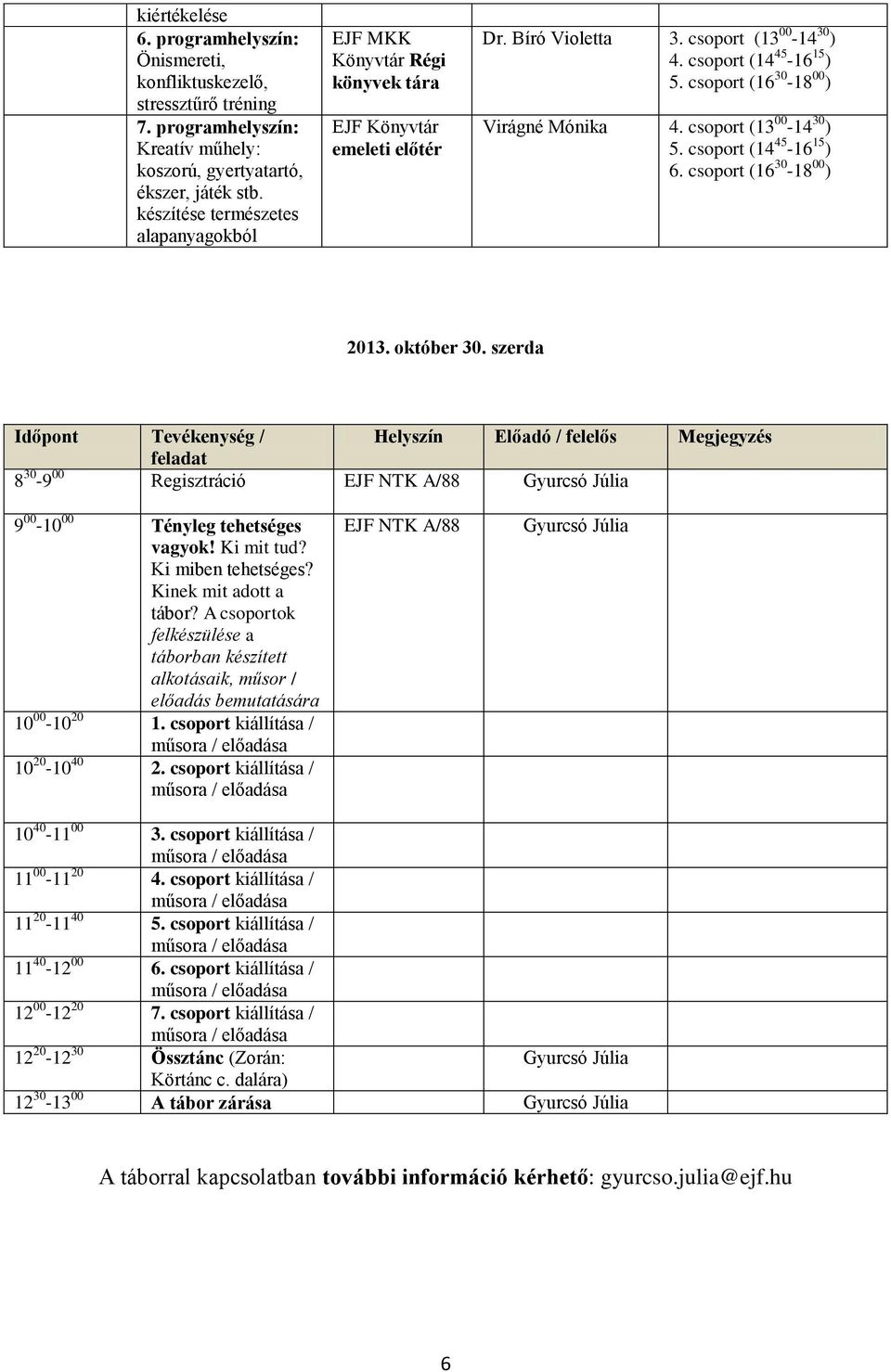 csoport (13 00-14 30 ) 5. csoport (14 45-16 15 ) 6. csoport (16 30-18 00 ) 2013. október 30.