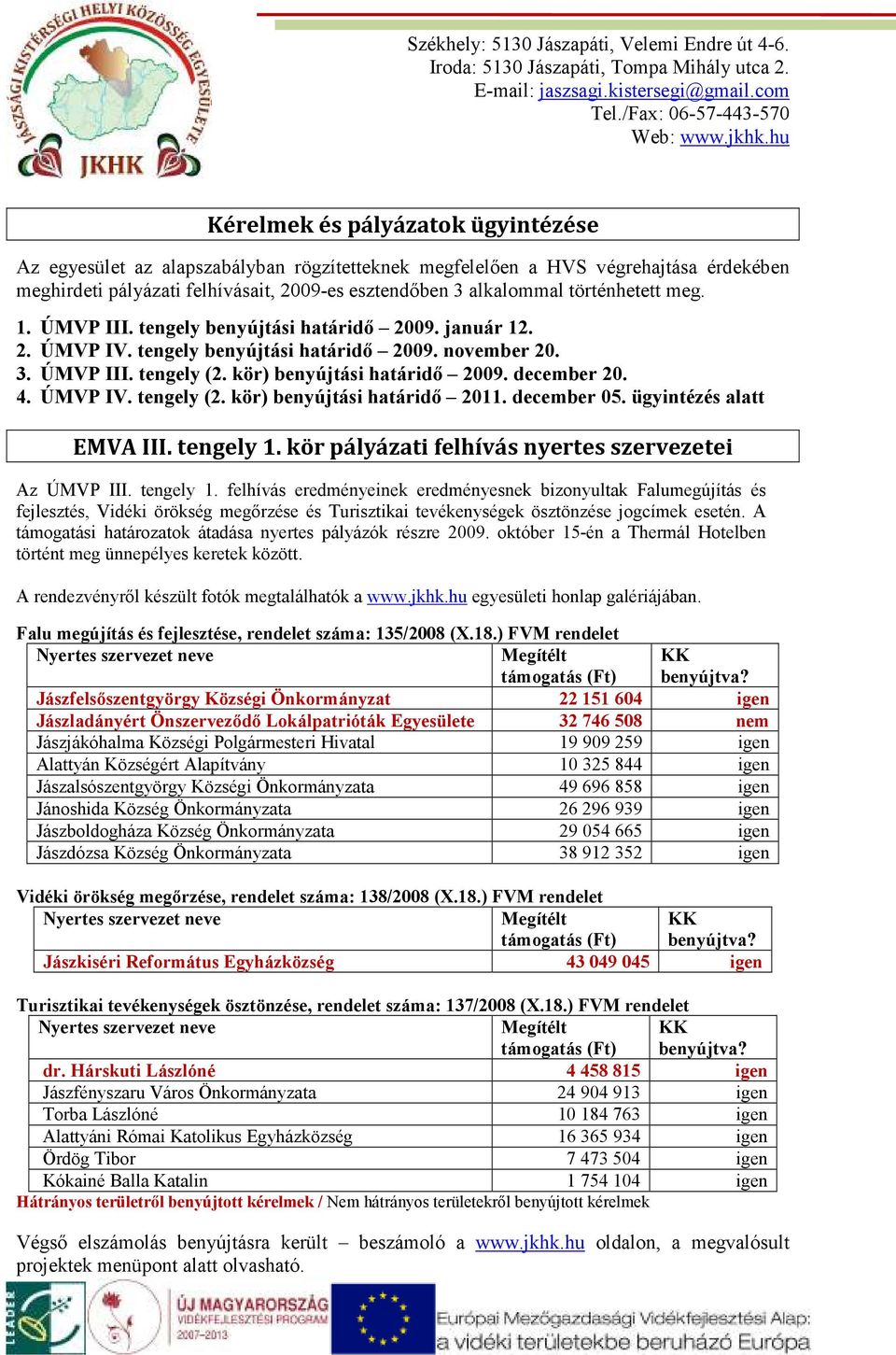 december 20. 4. ÚMVP IV. tengely (2. kör) benyújtási határidı 2011. december 05. ügyintézés alatt EMVA III. tengely 1.