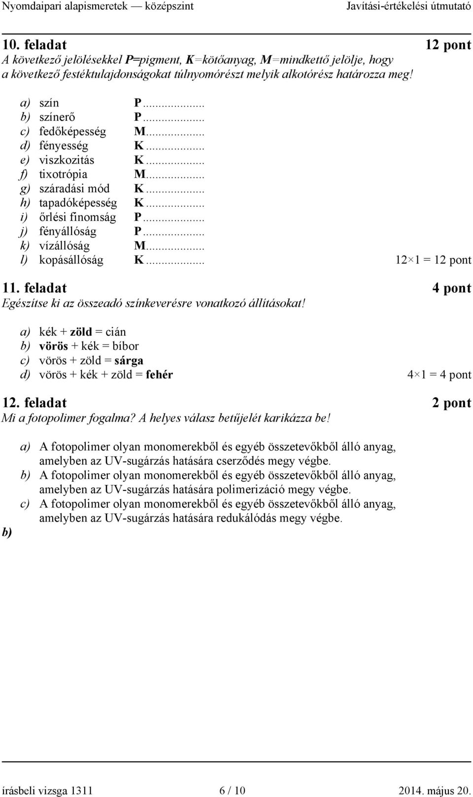 .. l) kopásállóság K... 12 1 = 1 11. feladat 4 pont Egészítse ki az összeadó színkeverésre vonatkozó állításokat!