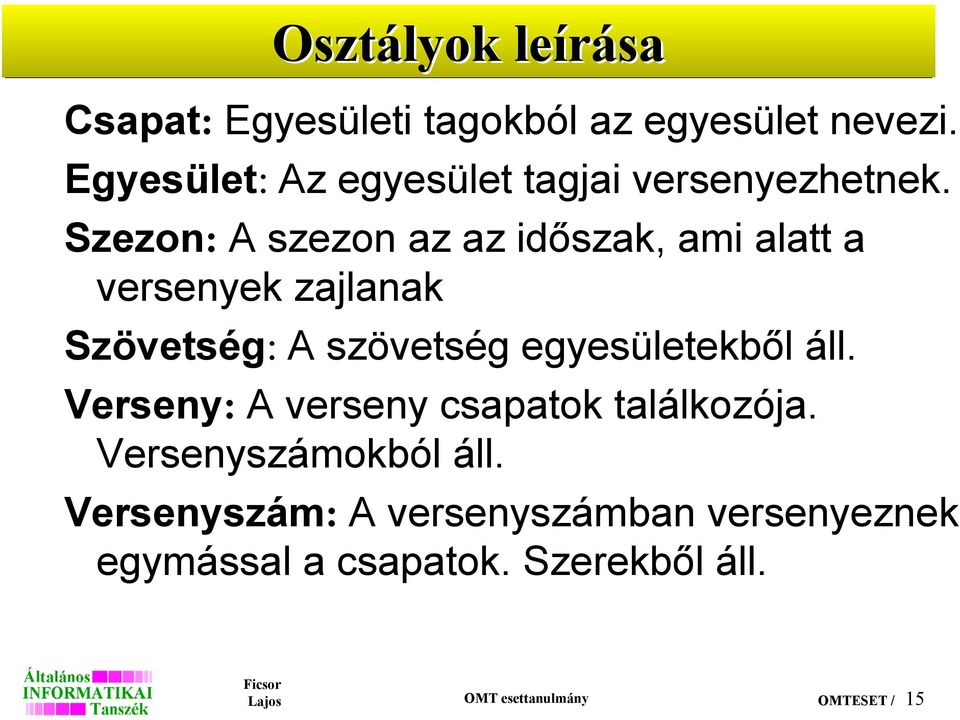 Szezon: A szezon az az időszak, ami alatt a versenyek zajlanak Szövetség: A szövetség