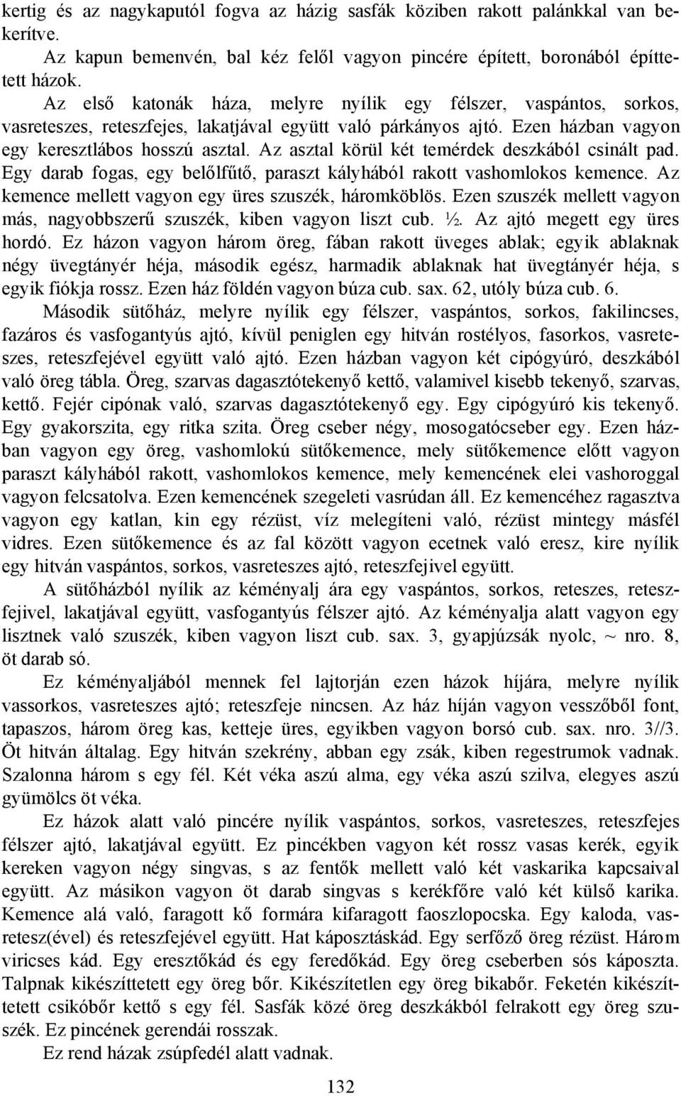 Az asztal körül két temérdek deszkából csinált pad. Egy darab fogas, egy belőlfűtő, paraszt kályhából rakott vashomlokos kemence. Az kemence mellett vagyon egy üres szuszék, háromköblös.