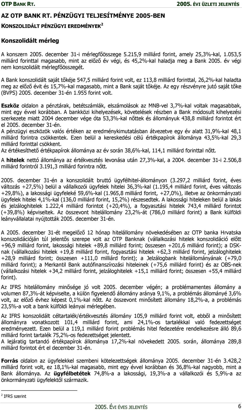 A Bank konszolidált saját tőkéje 547,5 milliárd forint volt, ez 113,8 milliárd forinttal, 26,2%-kal haladta meg az előző évit és 15,7%-kal magasabb, mint a Bank saját tőkéje.
