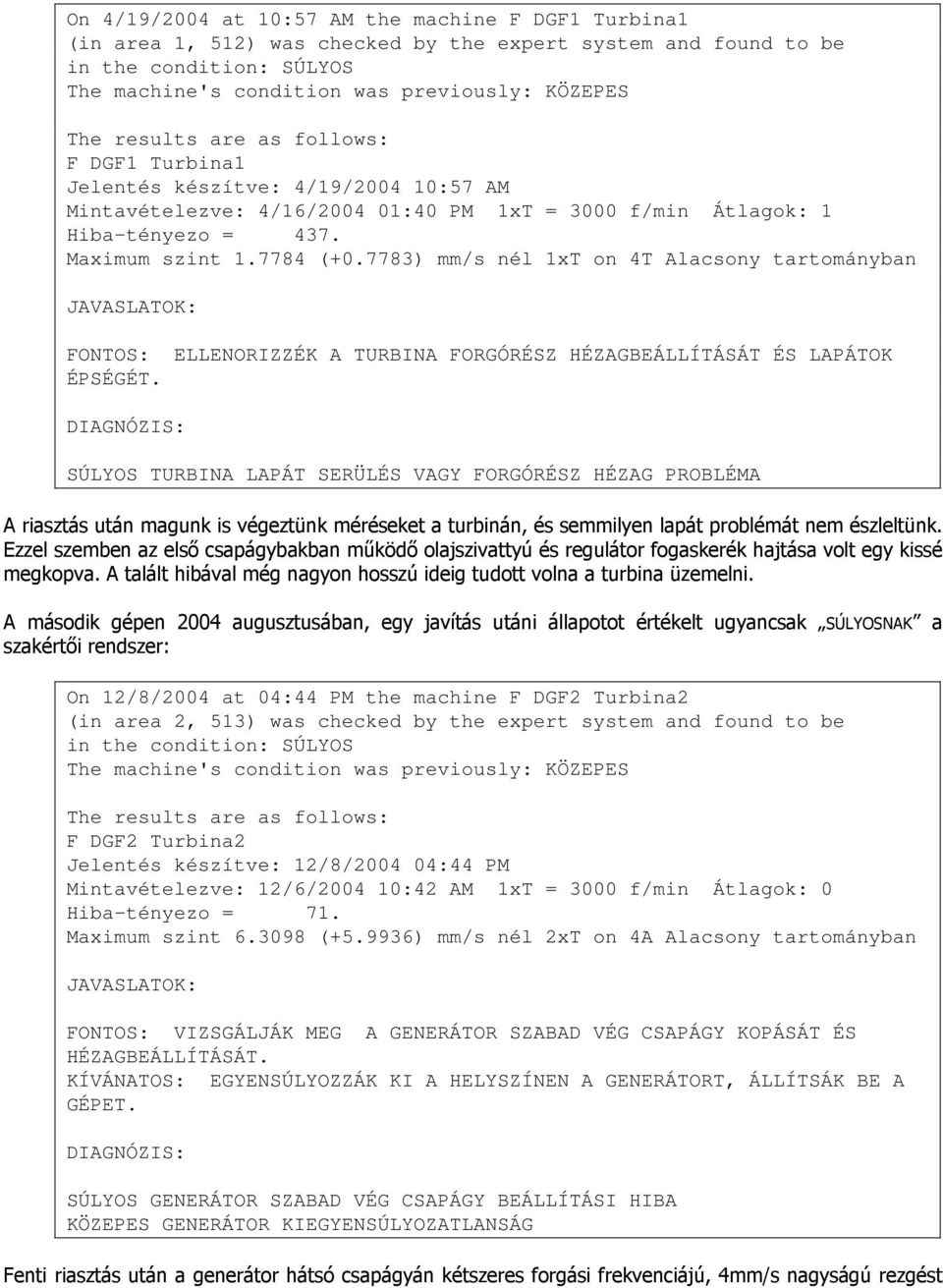 7783) mm/s nél 1xT on 4T Alacsony tartományban JAVASLATOK: FONTOS: ELLENORIZZÉK A TURBINA FORGÓRÉSZ HÉZAGBEÁLLÍTÁSÁT ÉS LAPÁTOK ÉPSÉGÉT.