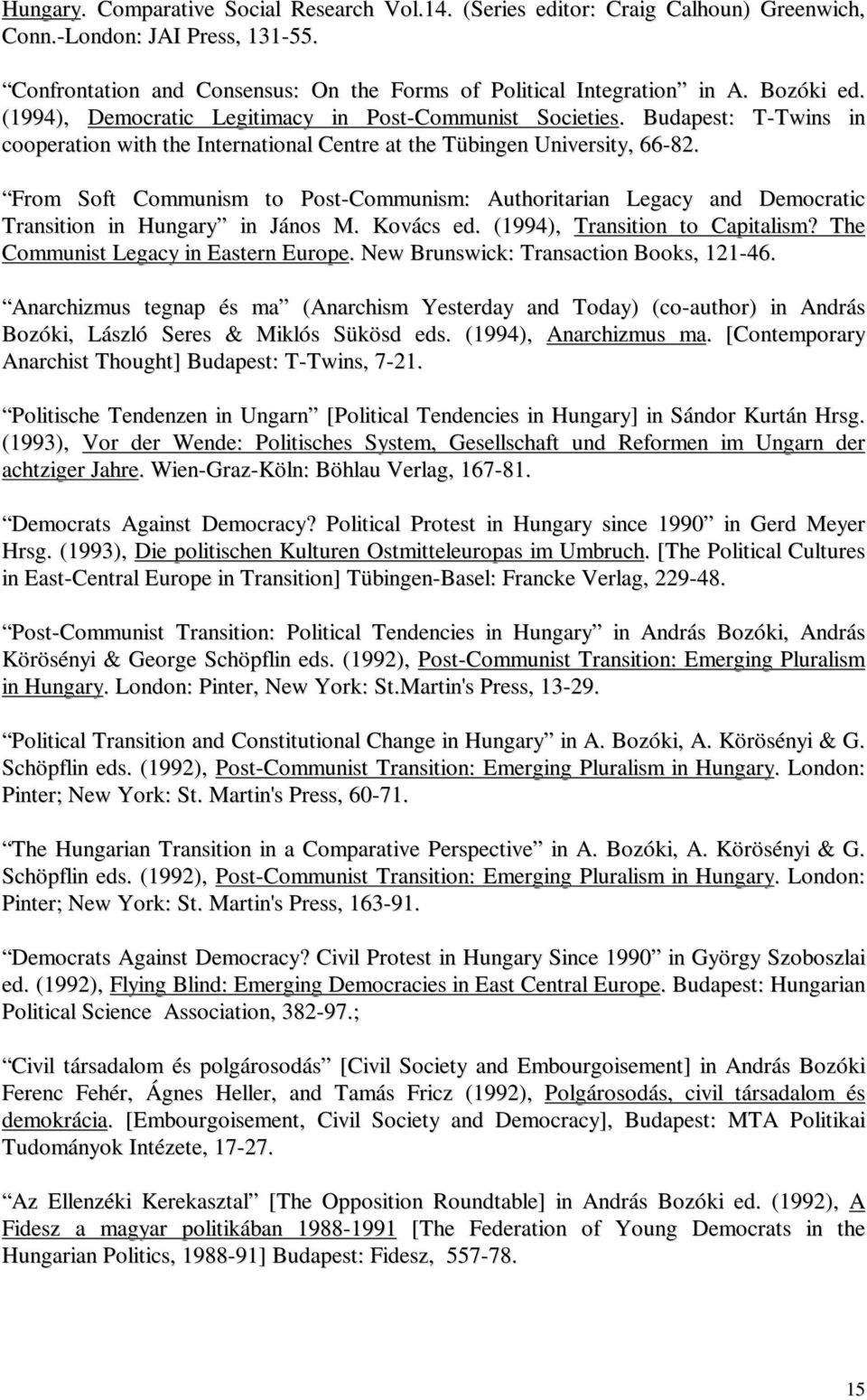 From Soft Communism to Post-Communism: Authoritarian Legacy and Democratic Transition in Hungary in János M. Kovács ed. (1994), Transition to Capitalism? The Communist Legacy in Eastern Europe.