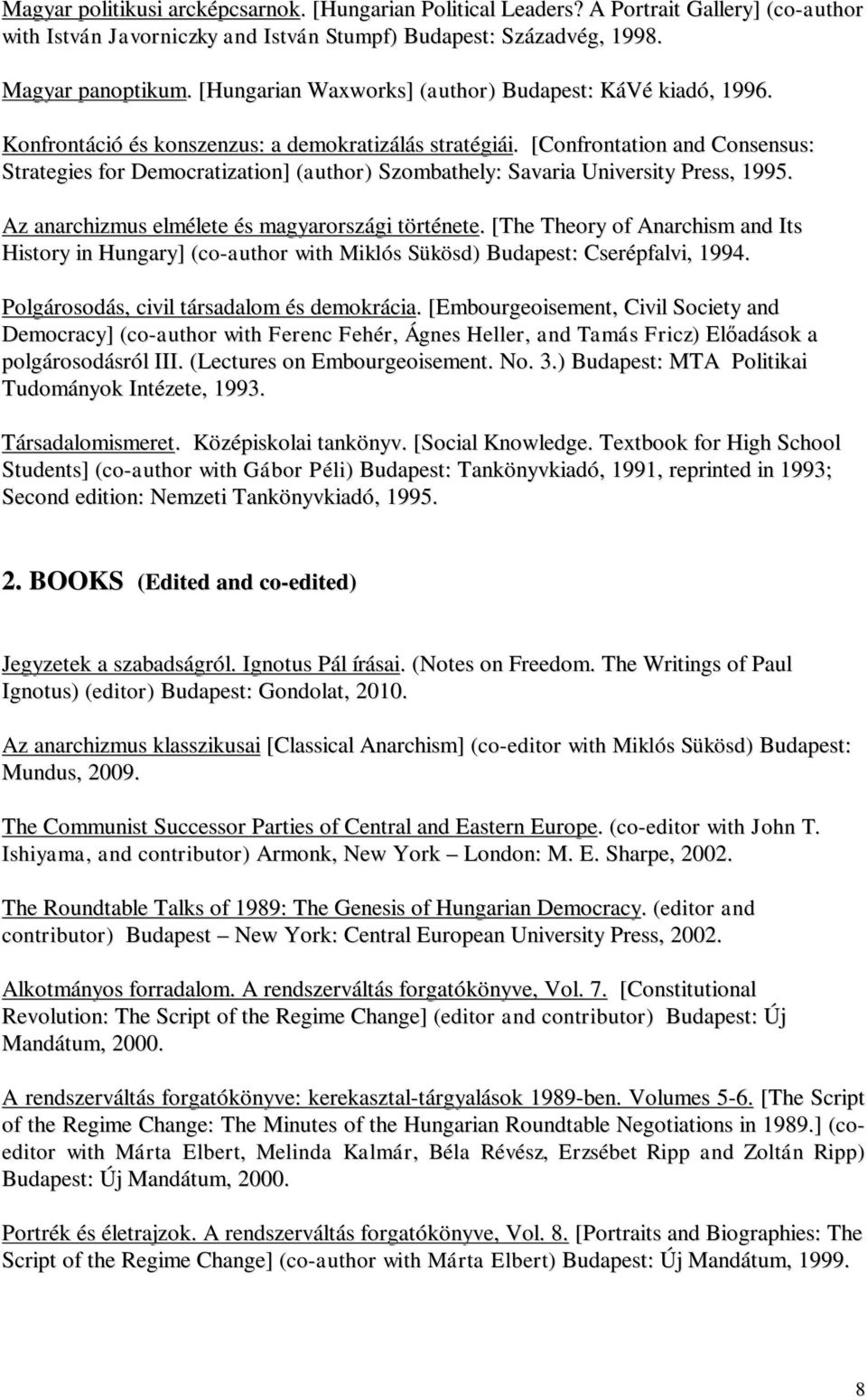 [Confrontation and Consensus: Strategies for Democratization] (author) Szombathely: Savaria University Press, 1995. Az anarchizmus elmélete és magyarországi története.