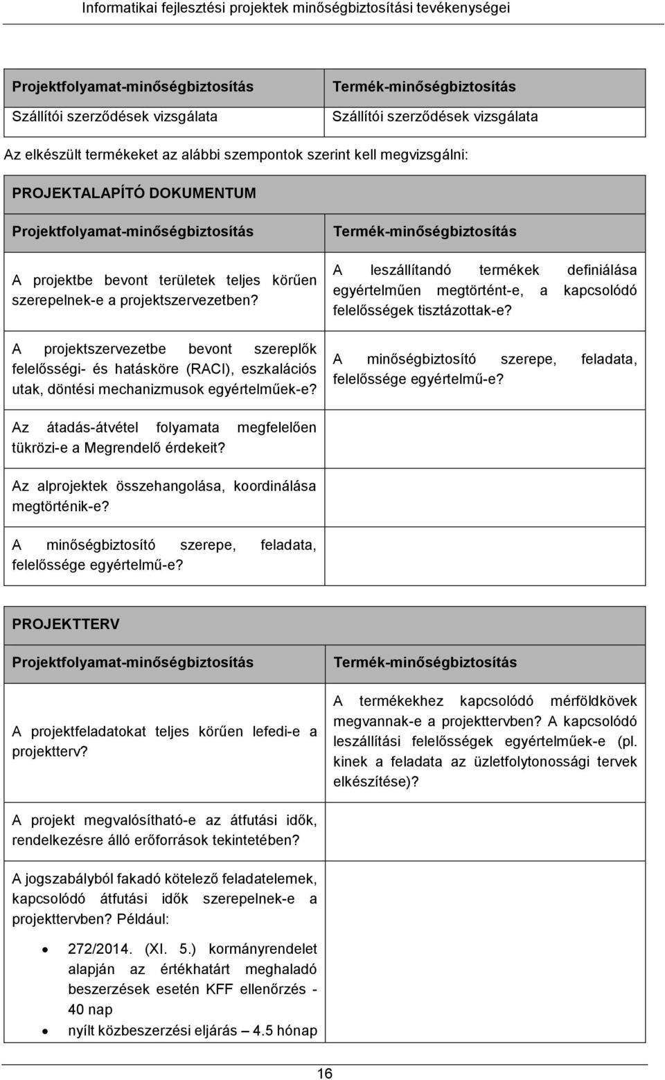 Termék-minőségbiztosítás A leszállítandó termékek definiálása egyértelműen megtörtént-e, a kapcsolódó felelősségek tisztázottak-e?