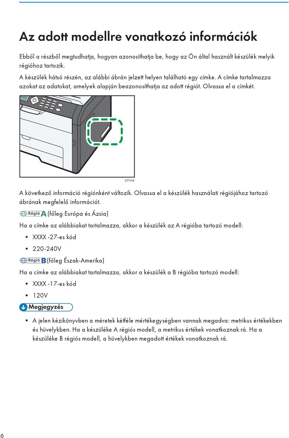 CTT110 A következő információ régiónként változik. Olvassa el a készülék használati régiójához tartozó ábrának megfelelő információt.