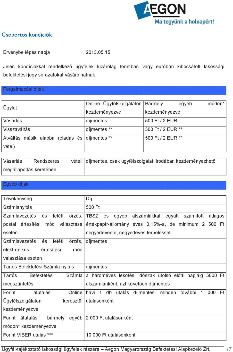 (eladás és díjmentes ** 500 Ft / 2 EUR ** vétel) Vásárlás Rendszeres vételi megállapodás keretében díjmentes, csak ügyfélszolgálati irodában kezdeményezhető Egyéb díjak Tevékenység Számlanyitás