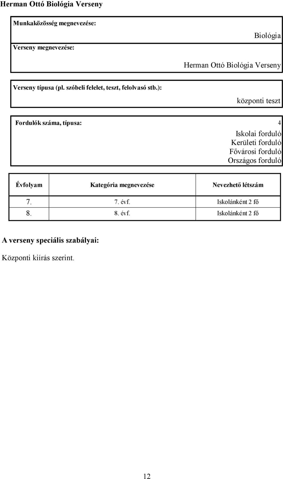 ): központi teszt Fordulók száma, típusa: 4 Iskolai forduló Kerületi forduló