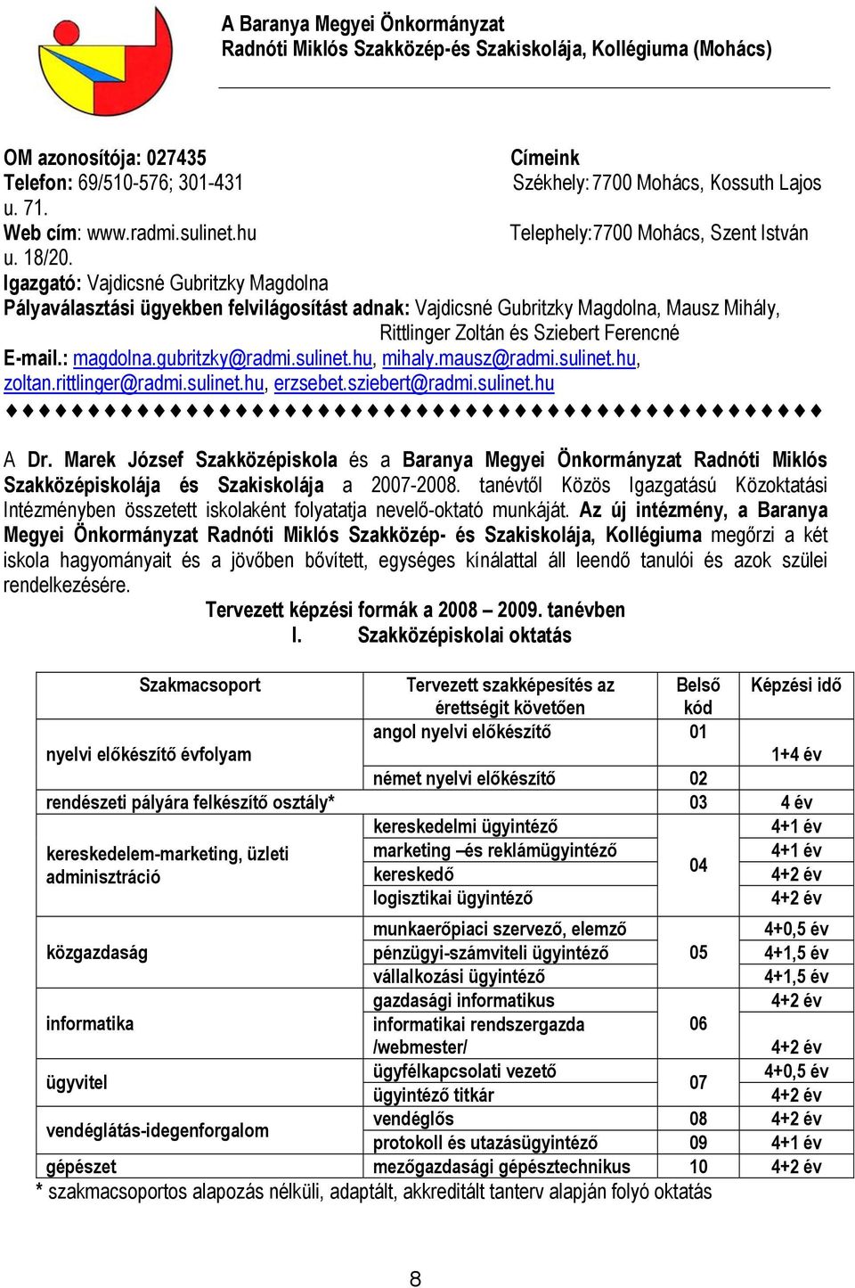 Igazgató: Vajdicsné Gubritzky Magdolna Pályaválasztási ügyekben felvilágosítást adnak: Vajdicsné Gubritzky Magdolna, Mausz Mihály, Rittlinger Zoltán és Sziebert Ferencné E-mail.: magdolna.