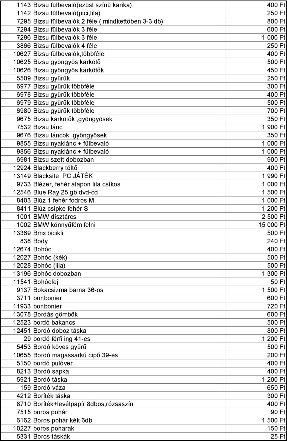 6977 Bizsu gyűrűk többféle 300 Ft 6978 Bizsu gyűrűk többféle 400 Ft 6979 Bizsu gyűrűk többféle 500 Ft 6980 Bizsu gyűrűk többféle 700 Ft 9675 Bizsu karkötők,gyöngyösek 350 Ft 7532 Bizsu lánc 1 900 Ft