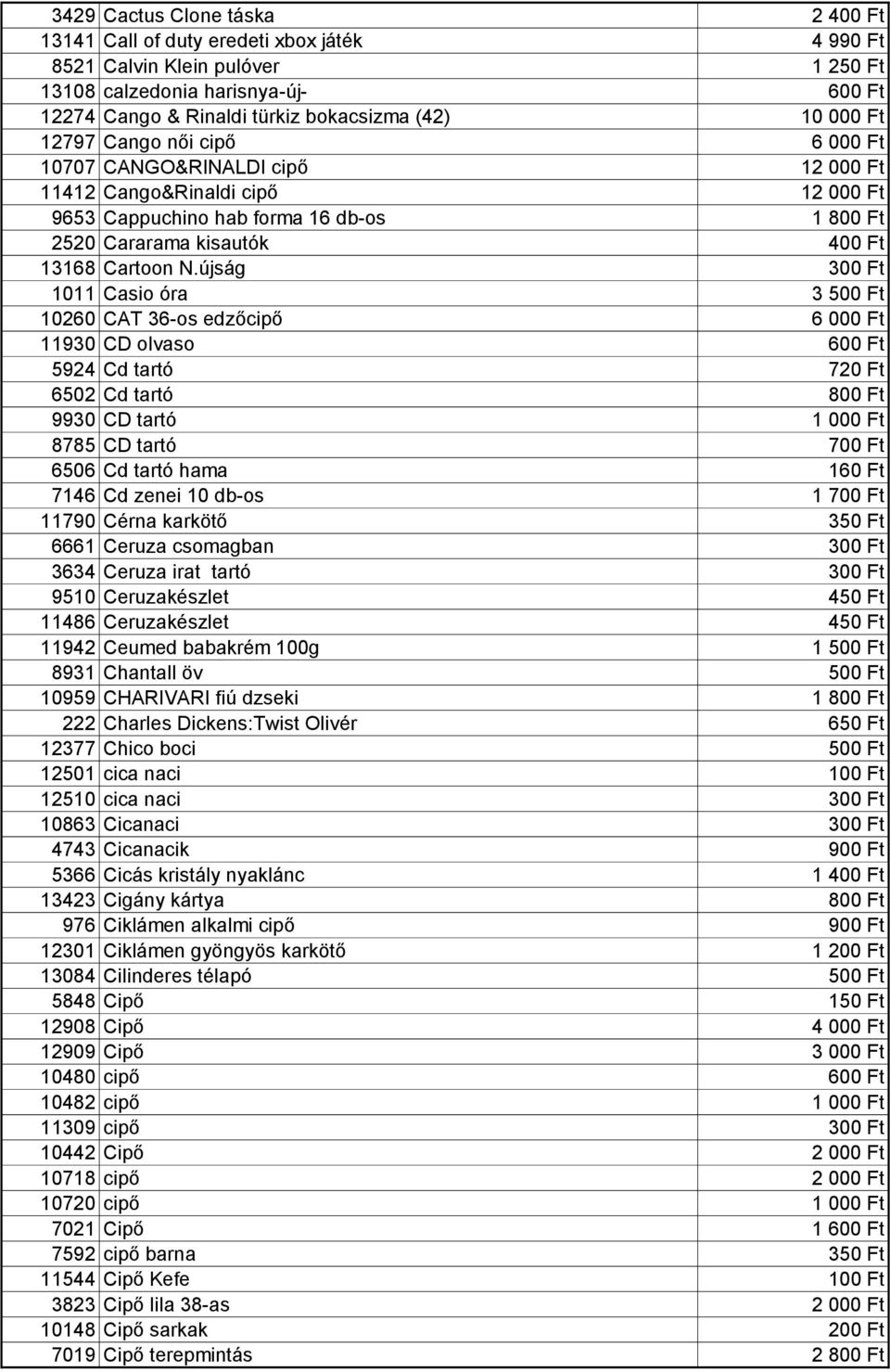 újság 300 Ft 1011 Casio óra 3 500 Ft 10260 CAT 36-os edzőcipő 6 000 Ft 11930 CD olvaso 600 Ft 5924 Cd tartó 720 Ft 6502 Cd tartó 800 Ft 9930 CD tartó 1 000 Ft 8785 CD tartó 700 Ft 6506 Cd tartó hama