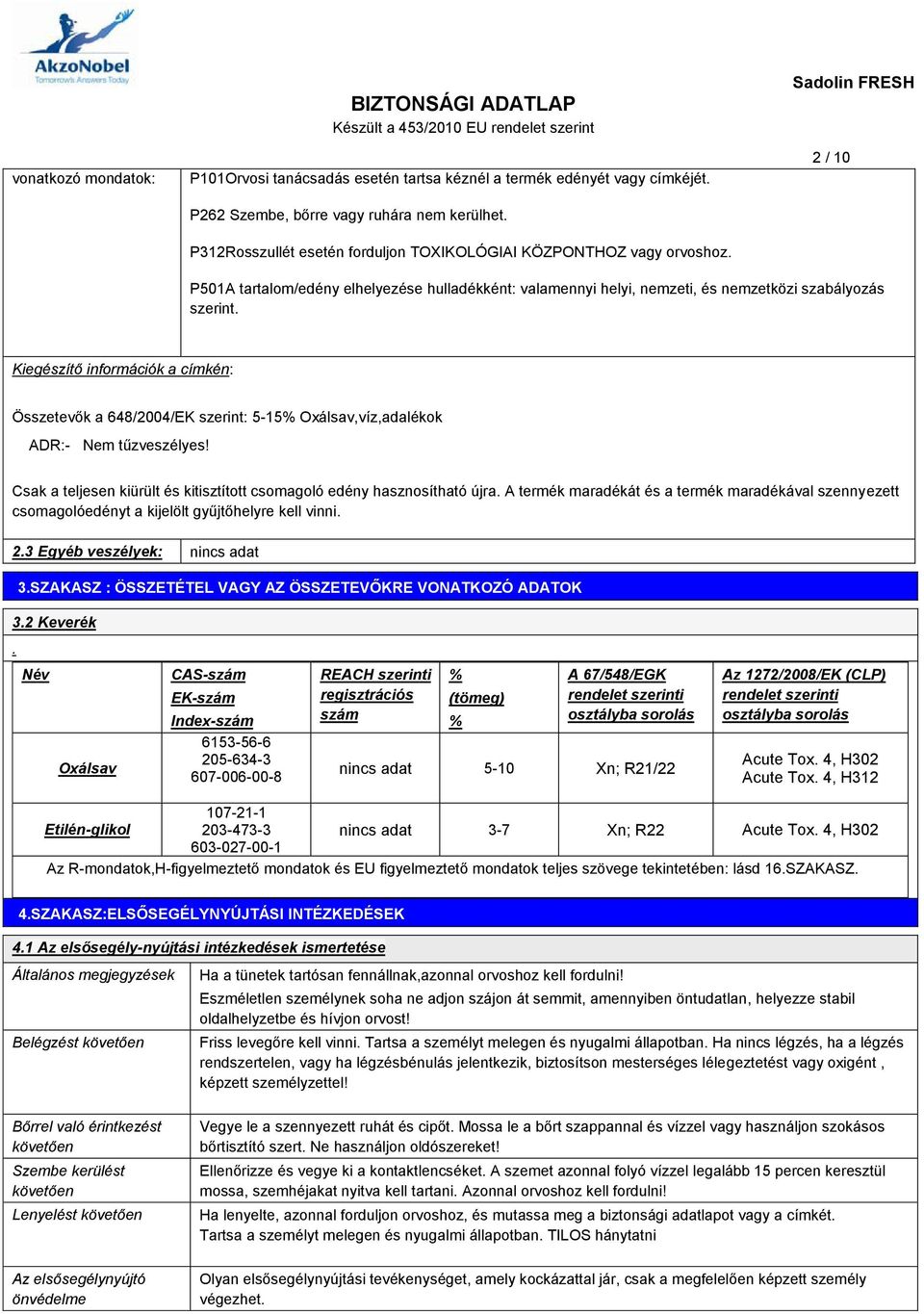 Kiegészítő információk a címkén: Összetevők a 648/2004/EK szerint: 5-15% Oxálsav,víz,adalékok ADR:- Nem tűzveszélyes! Csak a teljesen kiürült és kitisztított csomagoló edény hasznosítható újra.