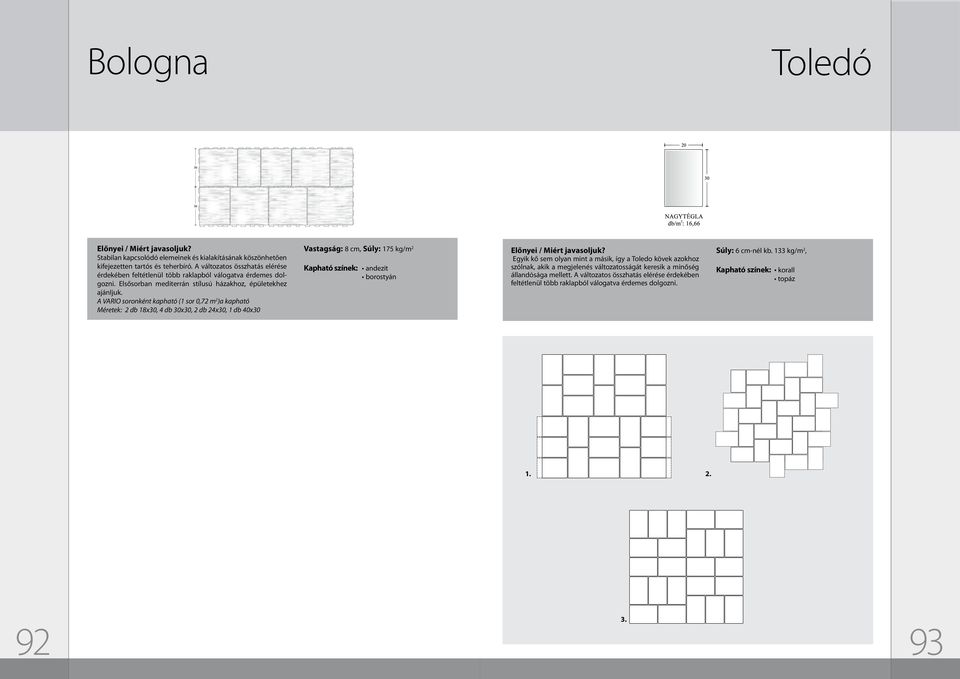 A VARIO soronként kapható (1 sor 0,72 m 2 )a kapható Méretek: 2 db 18x30, 4 db 30x30, 2 db 24x30, 1 db 40x30 Vastagság: 8 cm, Súly: 175 kg/m 2 Kapható színek: andezit borostyán Egyik kő