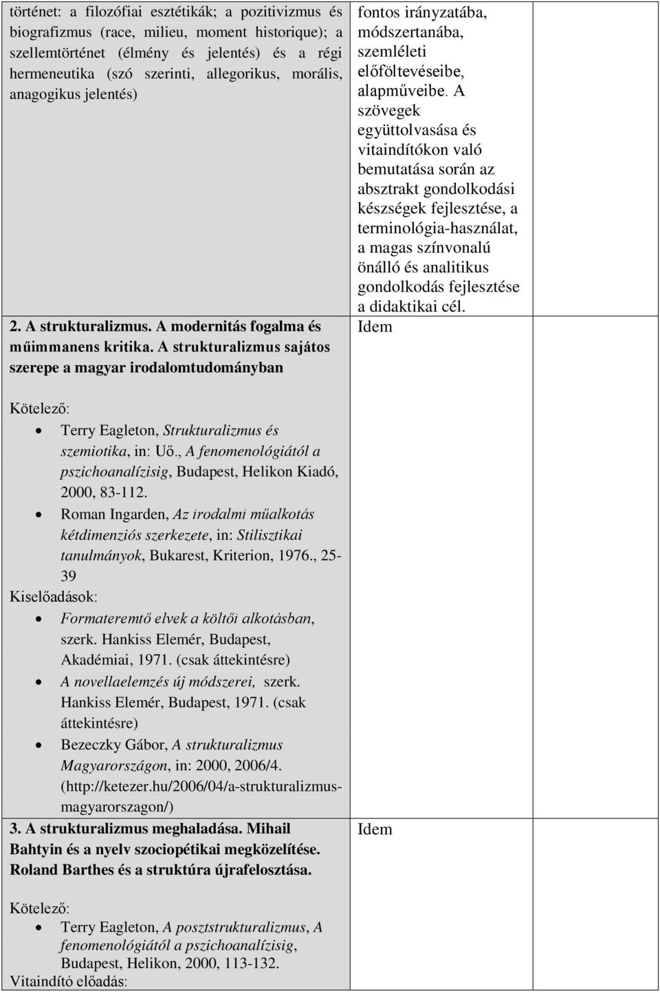 A strukturalizmus sajátos szerepe a magyar irodalomtudományban Terry Eagleton, Strukturalizmus és szemiotika, in: Uő., A fenomenológiától a pszichoanalízisig, Budapest, Helikon Kiadó, 2000, 83-112.