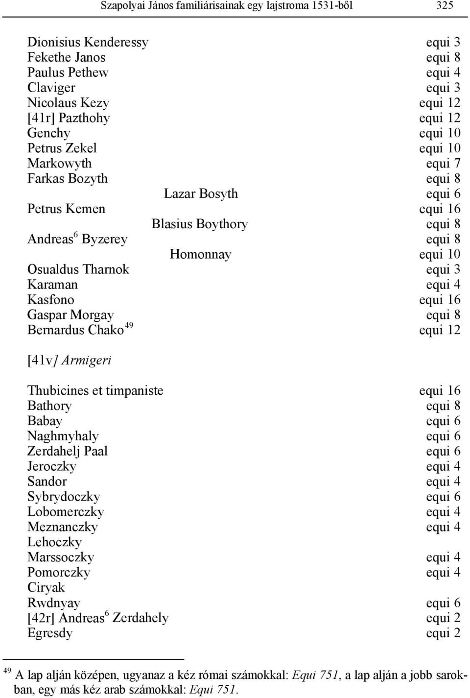 Karaman equi 4 Kasfono equi 16 Gaspar Morgay equi 8 Bernardus Chako 49 equi 12 [41v] Armigeri Thubicines et timpaniste equi 16 Bathory equi 8 Babay equi 6 Naghmyhaly equi 6 Zerdahelj Paal equi 6
