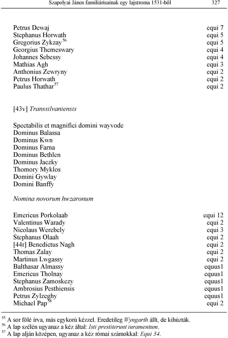 Dominus Jaczky Thomory Myklos Domini Gywlay Domini Banffy Nomina novorum hwzaronum Emericus Porkolaab equi 12 Valentinus Warady equi 2 Nicolaus Werebely equi 3 Stephanus Olaah equi 2 [44r] Benedictus