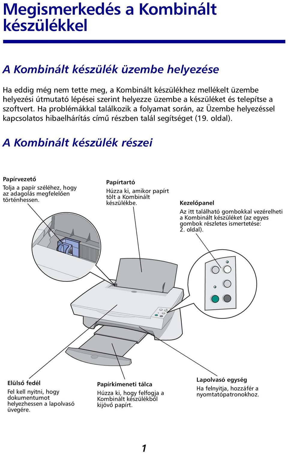 A Kombinált készülék részei Papírvezető Tolja a papír széléhez, hogy az adagolás megfelelően történhessen. Papírtartó Húzza ki, amikor papírt tölt a Kombinált készülékbe.