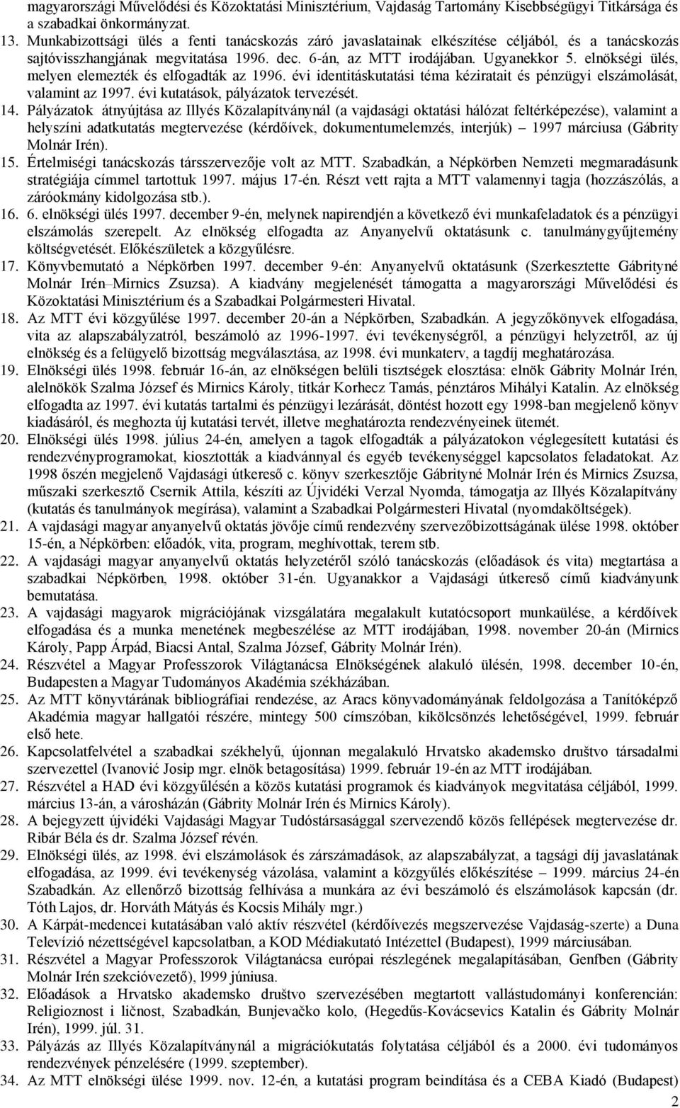 elnökségi ülés, melyen elemezték és elfogadták az 1996. évi identitáskutatási téma kéziratait és pénzügyi elszámolását, valamint az 1997. évi kutatások, pályázatok tervezését. 14.