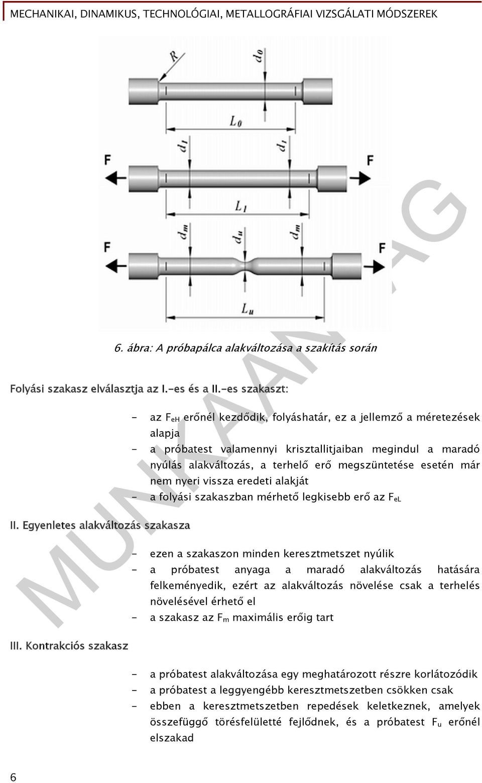 szakaszban mérhető legkisebb erő az F el - ezen a szakaszon minden keresztmetszet nyúlik - a próbatest anyaga a maradó alakváltozás hatására III.