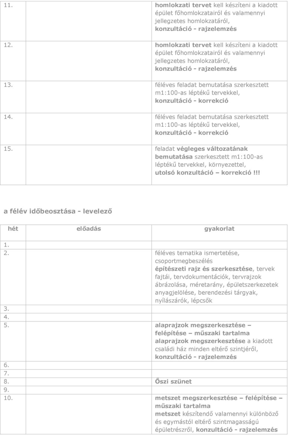 feladat végleges változatának bemutatása szerkesztett m1:100-as léptékű tervekkel, környezettel, utolsó konzultáció korrekció!!! a félév időbeosztása - levelező hét előadás gyakorlat 1. 2.