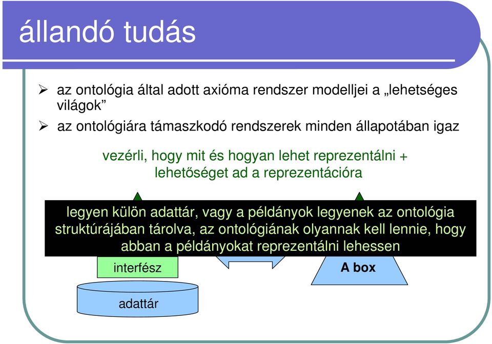 ad a reprezentációra legyen külön adattár, vagy a példányok legyenek az ontológia struktúrájában tárolva,