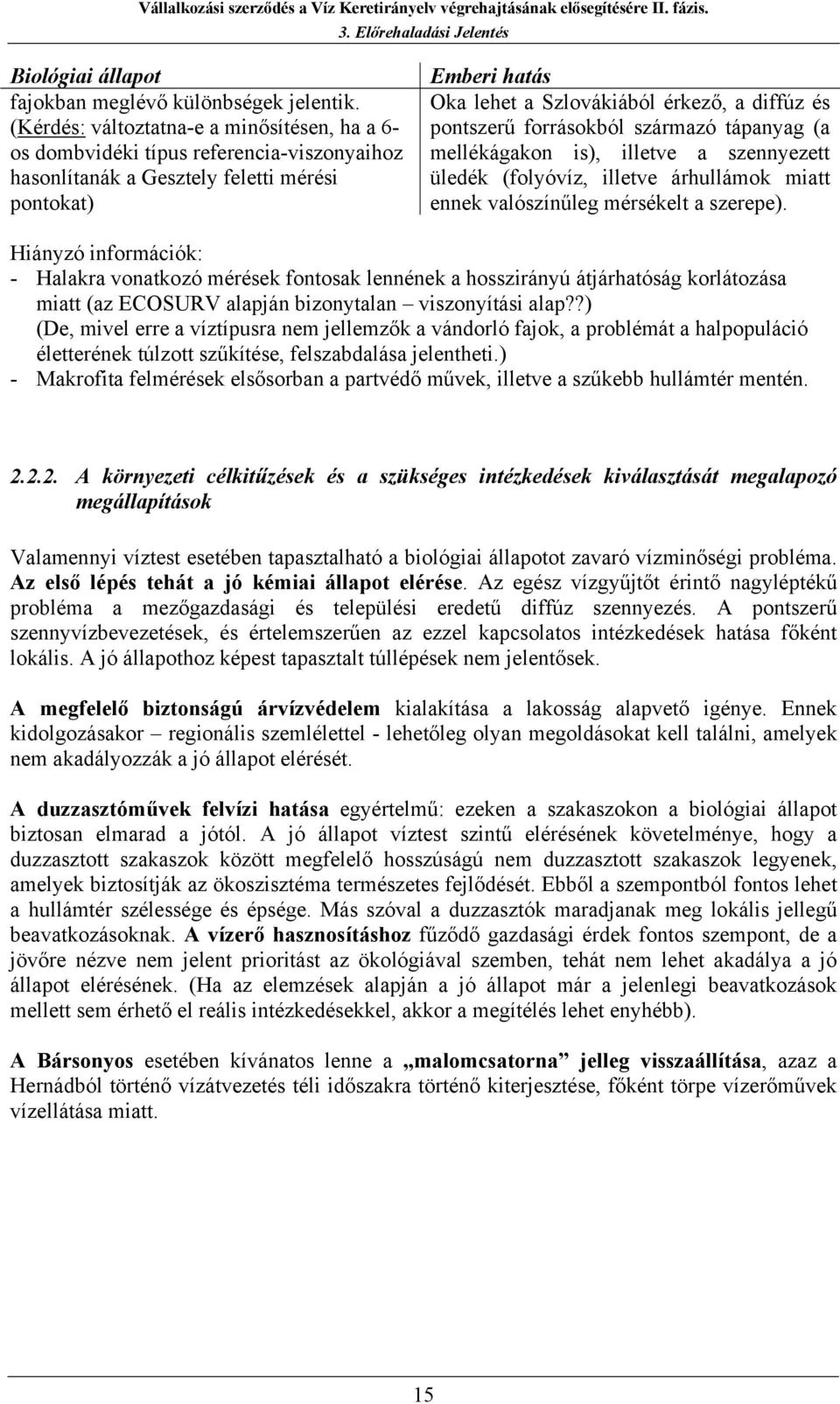 pontszerű forrásokból származó tápanyag (a mellékágakon is), illetve a szennyezett üledék (folyóvíz, illetve árhullámok miatt ennek valószínűleg mérsékelt a szerepe).