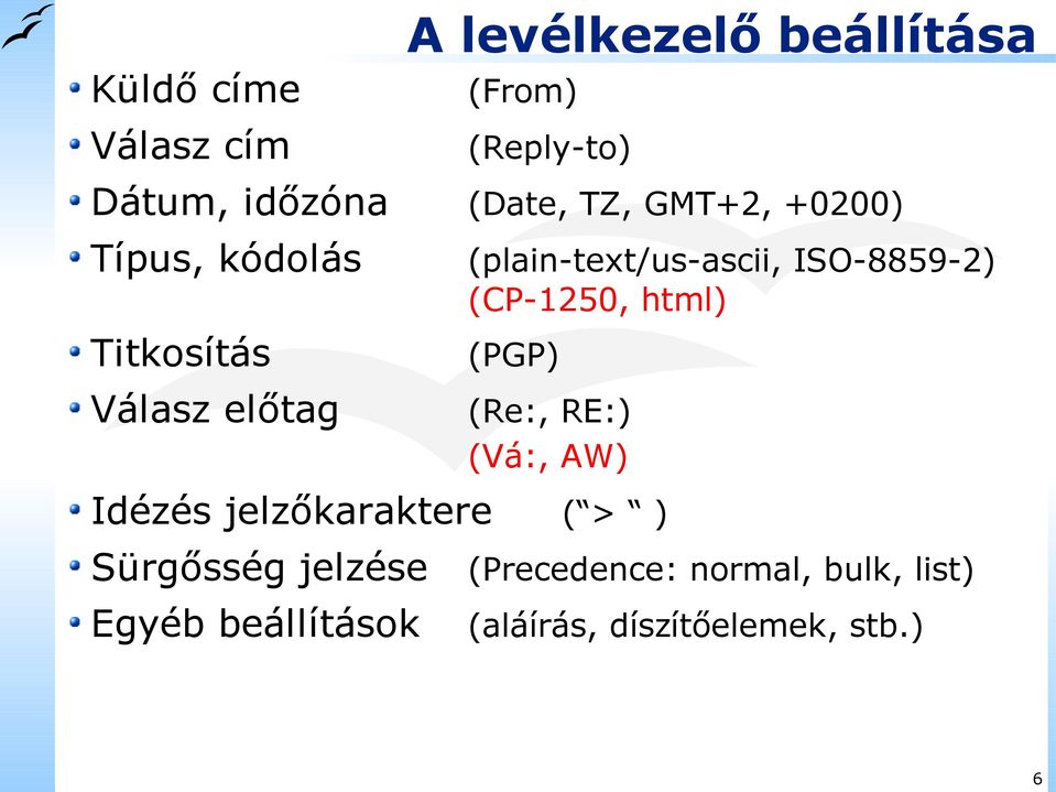 ISO-8859-2) (CP-1250, html) (PGP) (Re:, RE:) (Vá:, AW) Idézés jelzőkaraktere ( > )