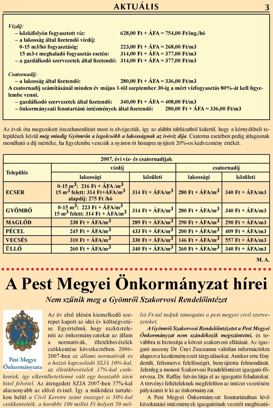 fizetendő: 314,00 Ft + ÁFA = 377,00 Ft/m3 Csatornadíj: a lakosság által fizetendő: 280,00 Ft + ÁFA = 336,00 Ft/m3 A csatornadíj számításánál minden év május 1-től szeptember 30-ig a mért