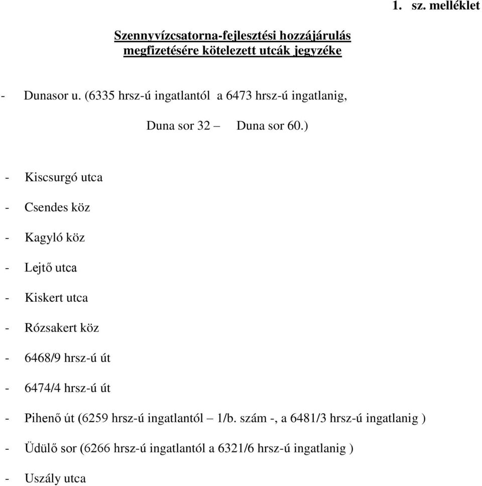 ) - Kiscsurgó utca - Csendes köz - Kagyló köz - Lejtő utca - Kiskert utca - Rózsakert köz - 6468/9 hrsz-ú út - 6474/4