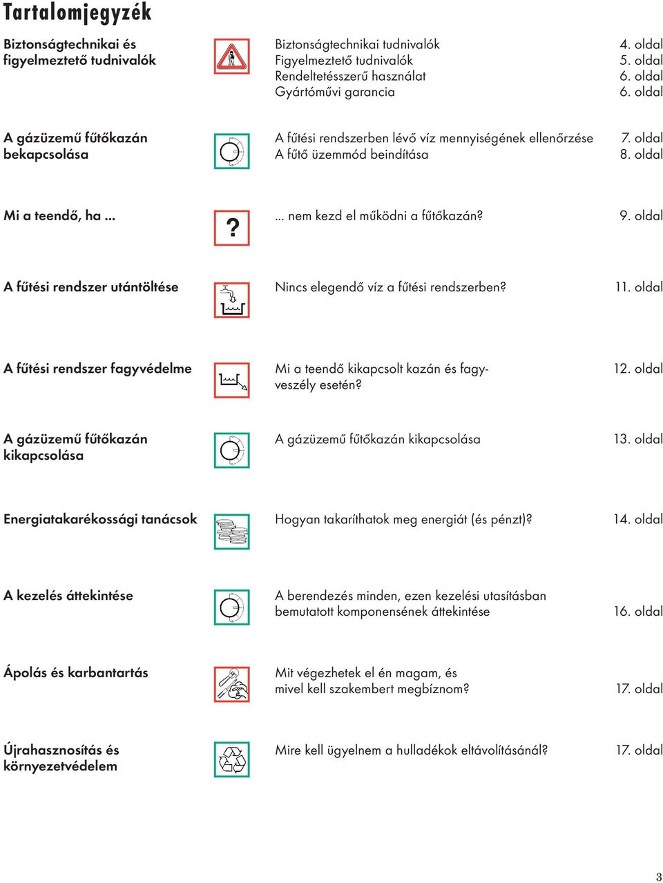 oldal? A fűtési rendszer utántöltése Nincs elegendő víz a fűtési rendszerben? 11. oldal A fűtési rendszer fagyvédelme Mi a teendő kikapcsolt kazán és fagy- 12. oldal veszély esetén?