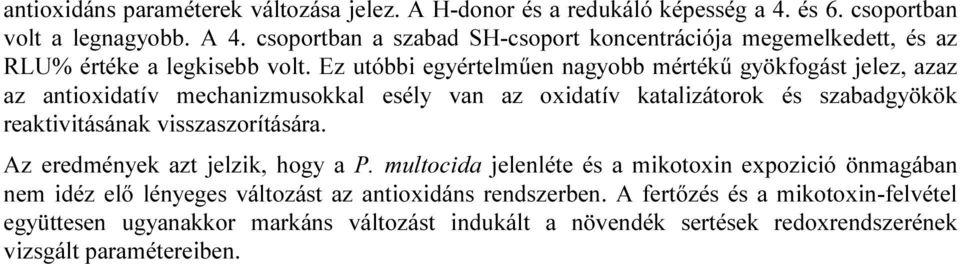 Ez utóbbi egyértelműen nagyobb mértékű gyökfogást jelez, azaz az antioxidatív mechanizmusokkal esély van az oxidatív katalizátorok és szabadgyökök reaktivitásának