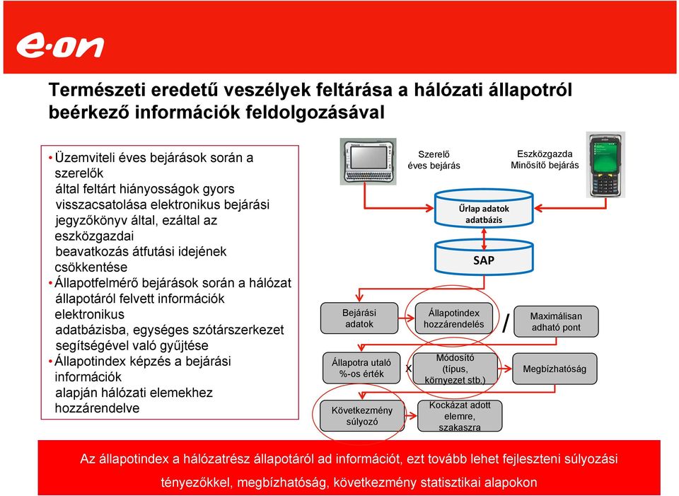 adatbázisba, egységes szótárszerkezet segítségével való gyűjtése Állapotindex képzés a bejárási információk alapján hálózati elemekhez hozzárendelve Bejárási adatok Állapotra utaló %-os érték