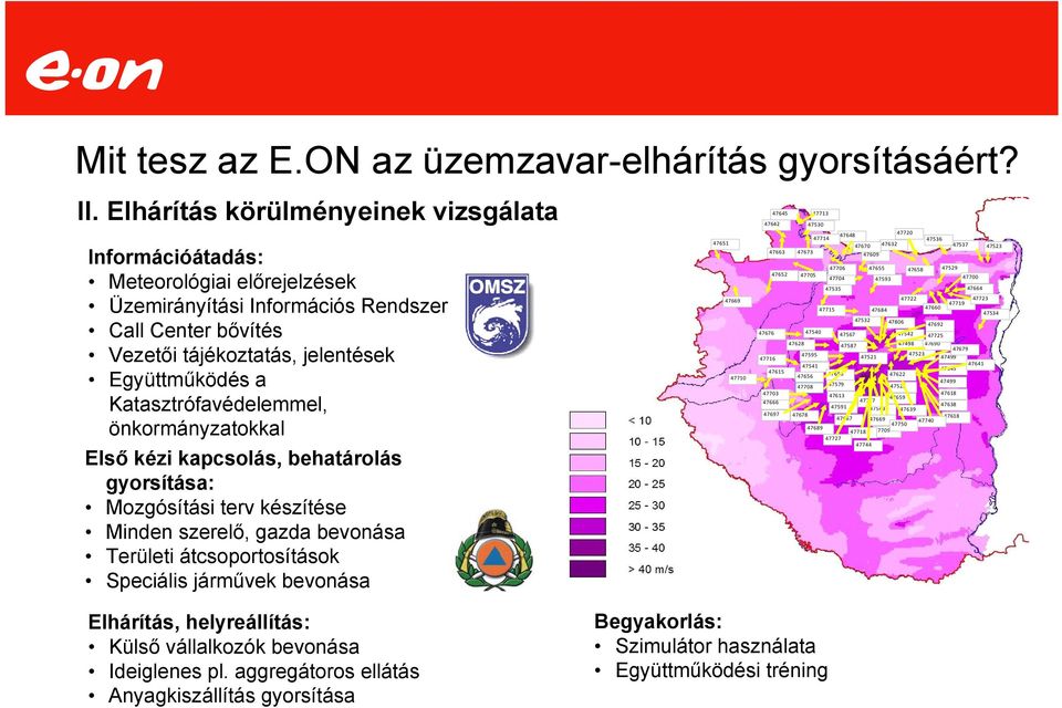 Katasztrófavédelemmel, önkormányzatokkal Első kézi kapcsolás, behatárolás gyorsítása: Mozgósítási terv készítése Minden szerelő, gazda bevonása Területi átcsoportosítások Speciális járművek bevonása