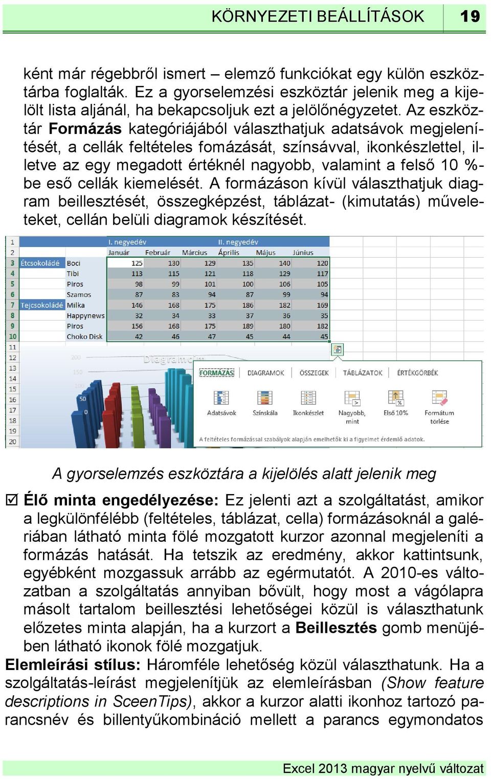 Az eszköztár Formázás kategóriájából választhatjuk adatsávok megjelenítését, a cellák feltételes fomázását, színsávval, ikonkészlettel, illetve az egy megadott értéknél nagyobb, valamint a felső 10