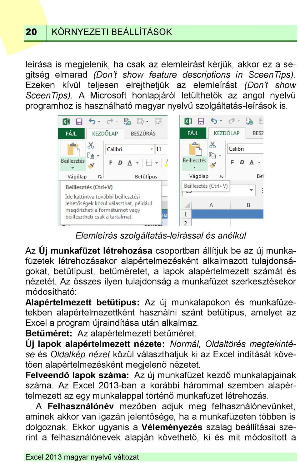 Elemleírás szolgáltatás-leírással és anélkül Az Új munkafüzet létrehozása csoportban állítjuk be az új munkafüzetek létrehozásakor alapértelmezésként alkalmazott tulajdonságokat, betűtípust,