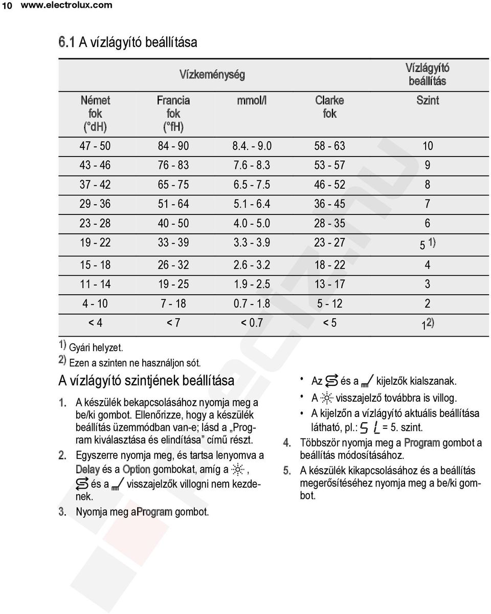 7-1.8 5-12 2 < 4 < 7 < 0.7 < 5 1 2) 1) Gyári helyzet. 2) Ezen a szinten ne használjon sót. A vízlágyító szintjének beállítása 1. A készülék bekapcsolásához nyomja meg a be/ki gombot.