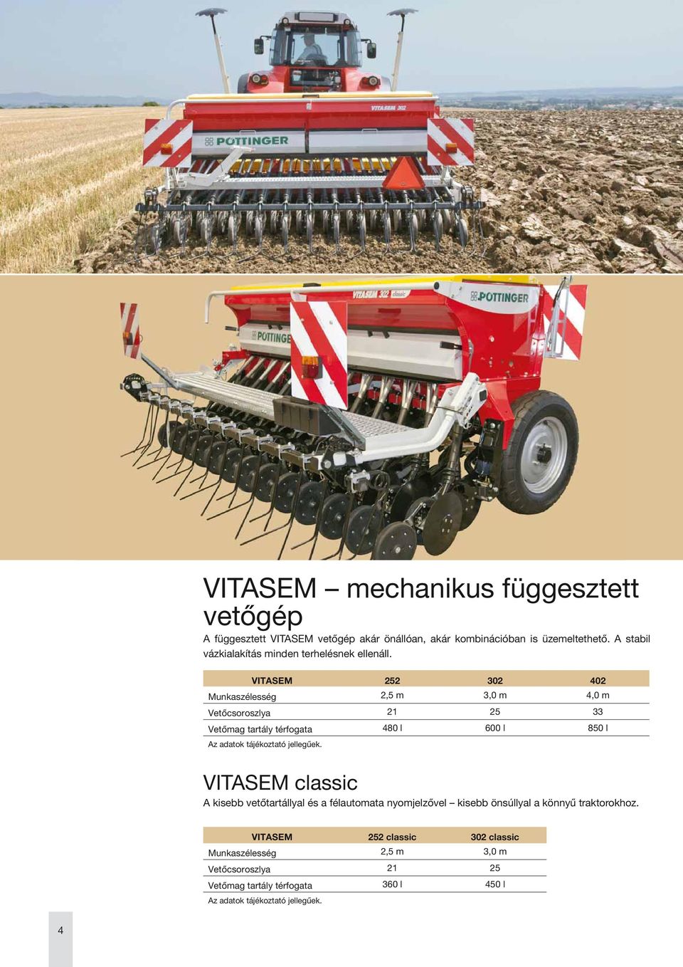 VITASEM 252 302 402 Munkaszélesség 2,5 m 3,0 m 4,0 m Vetőcsoroszlya 21 25 33 Vetőmag tartály térfogata 480 l 600 l 850 l Az adatok tájékoztató