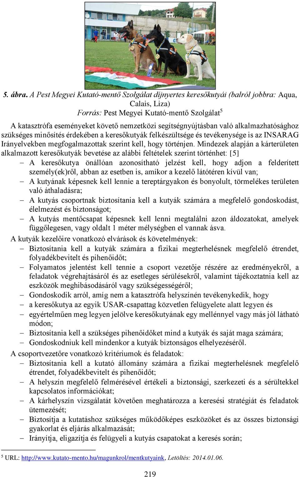 segítségnyújtásban való alkalmazhatósághoz szükséges minősítés érdekében a keresőkutyák felkészültsége és tevékenysége is az INSARAG Irányelvekben megfogalmazottak szerint kell, hogy történjen.