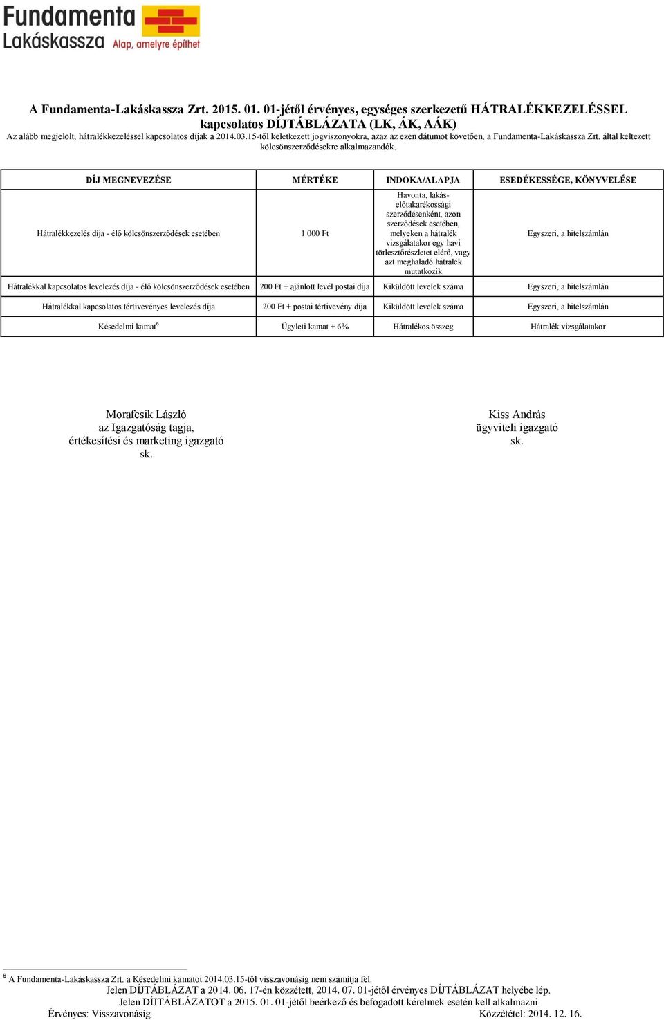 15-től keletkezett jogviszonyokra, azaz az ezen dátumot követően, a Fundamenta-Lakáskassza Zrt. által keltezett kölcsönszerződésekre alkalmazandók.