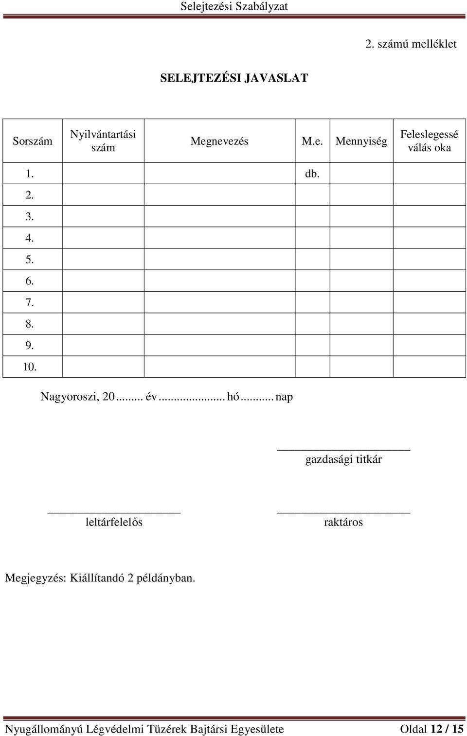 .. nap gazdasági titkár leltárfelelős raktáros Megjegyzés: Kiállítandó 2 példányban.