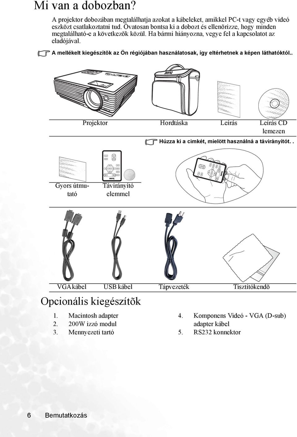 A mellékelt kiegészítõk az Ön régiójában használatosak, így eltérhetnek a képen láthatóktól.