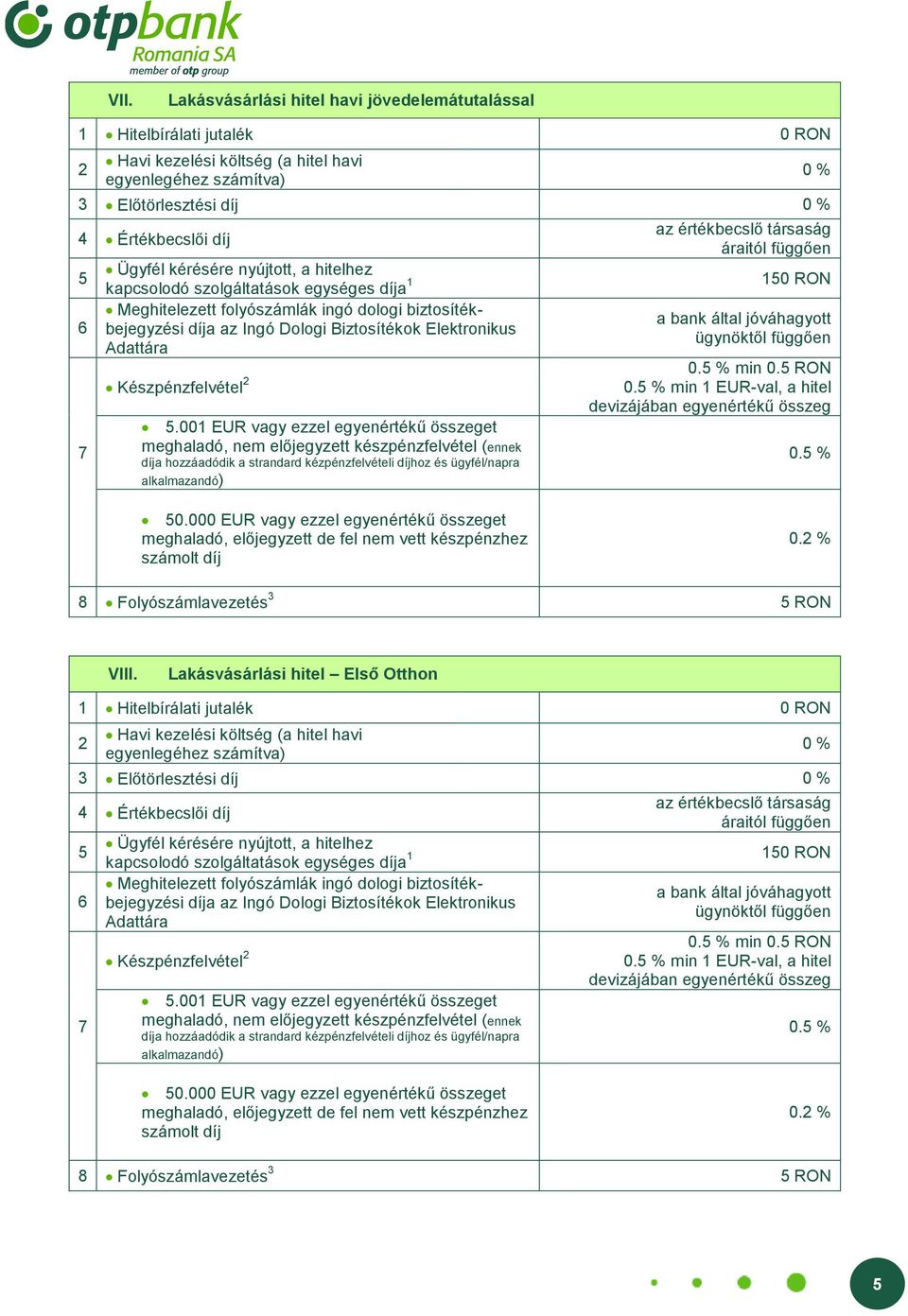 Lakásvásárlási hitel Első Otthon 3 Előtörlesztési díj Értékbecslői díj 1 kapcsolodó szolgáltatások egységes díja 10 RON 0. % min 0.