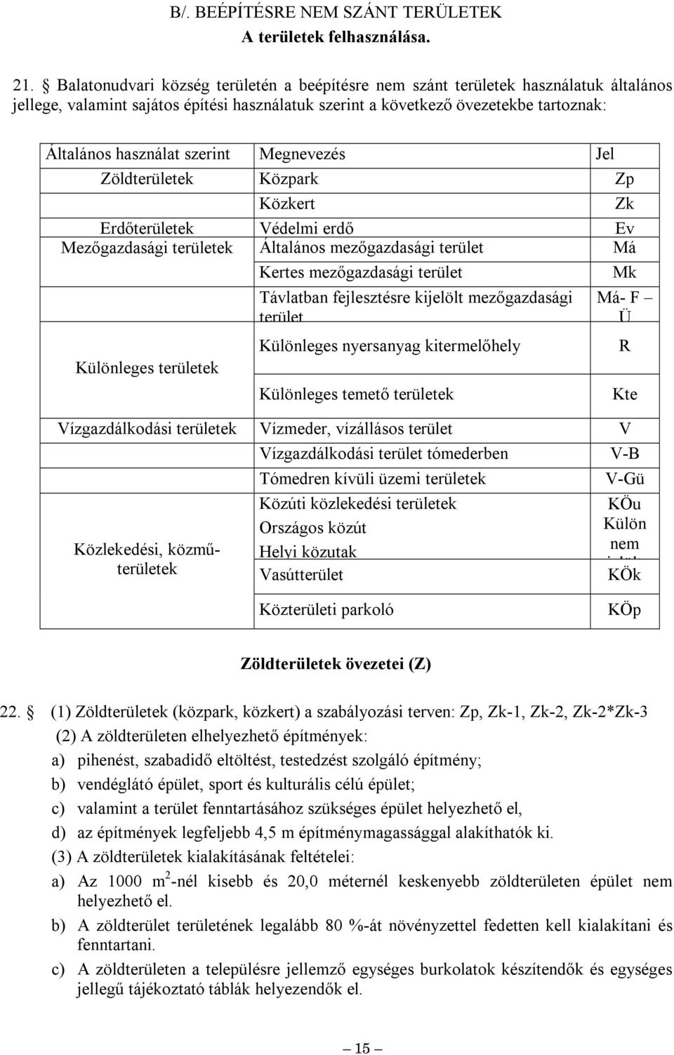 Megnevezés Jel Zöldterületek Közpark Zp Közkert Zk Erdőterületek Védeli erdő Ev Mezőgazdasági területek Általános ezőgazdasági terület Má Kertes ezőgazdasági terület Mk Különleges területek Távlatban