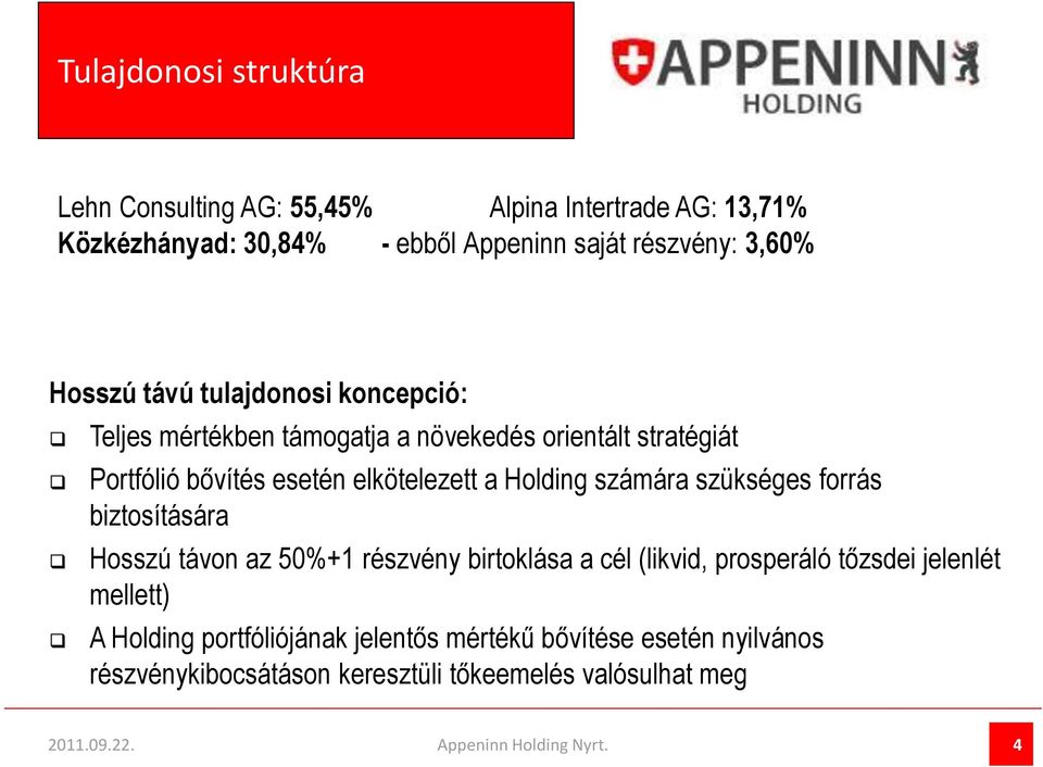 elkötelezett a Holding számára szükséges forrás biztosítására Hosszú távon az 50%+1 részvény birtoklása a cél (likvid, prosperáló