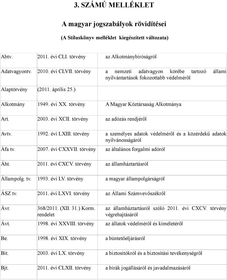 az adózás rendjéről Avtv. 1992. évi LXIII. a személyes adatok védelméről és a közérdekű adatok nyilvánosságáról Áfa tv. 2007. évi CXXVII. az általános forgalmi adóról Áht. 2011. évi CXCV.