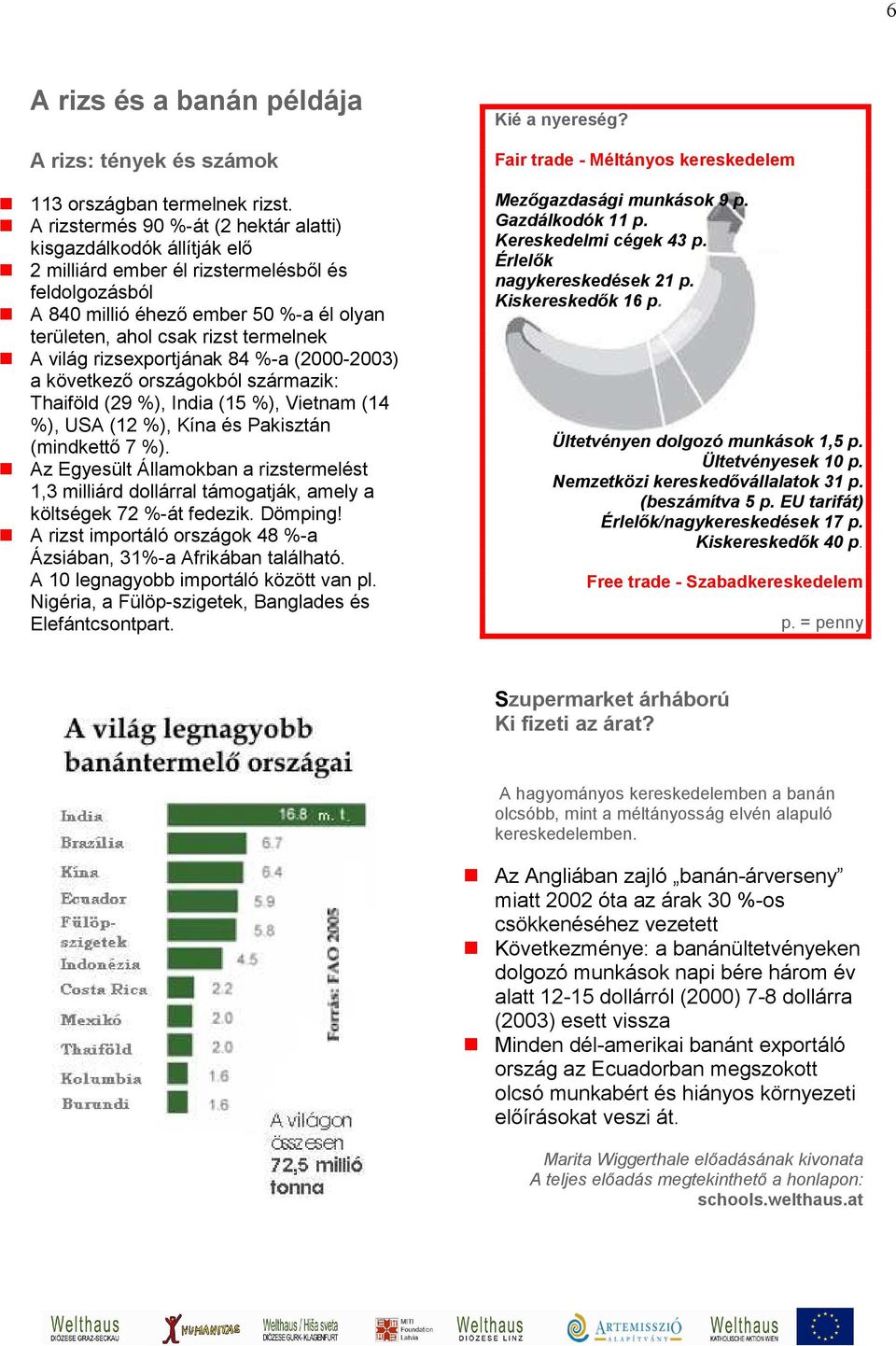 A világ rizsexportjának 84 %-a (2000-2003) a következő országokból származik: Thaiföld (29 %), India (15 %), Vietnam (14 %), USA (12 %), Kína és Pakisztán (mindkettő 7 %).