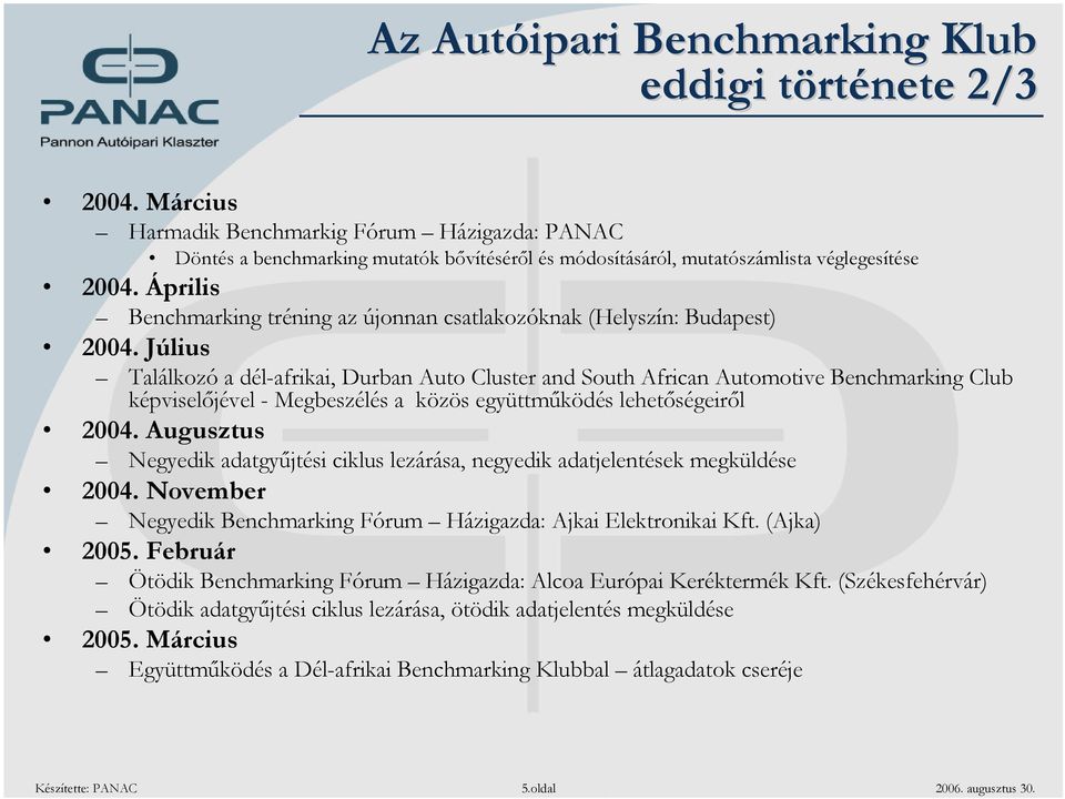 Április Benchmarking tréning az újonnan csatlakozóknak (Helyszín: Budapest) 2004.