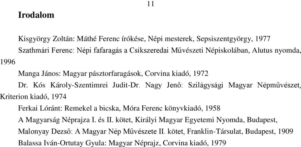 Nagy Jenő: Szilágysági Magyar Népművészet, Kriterion kiadó, 1974 Ferkai Lóránt: Remekel a bicska, Móra Ferenc könyvkiadó, 1958 A Magyarság Néprajza I. és II.